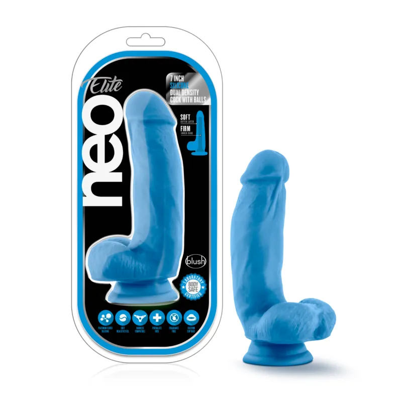 Neo Elite 7in Silicone Dual Density Cock with Balls Neon Blue - Non Vibrating